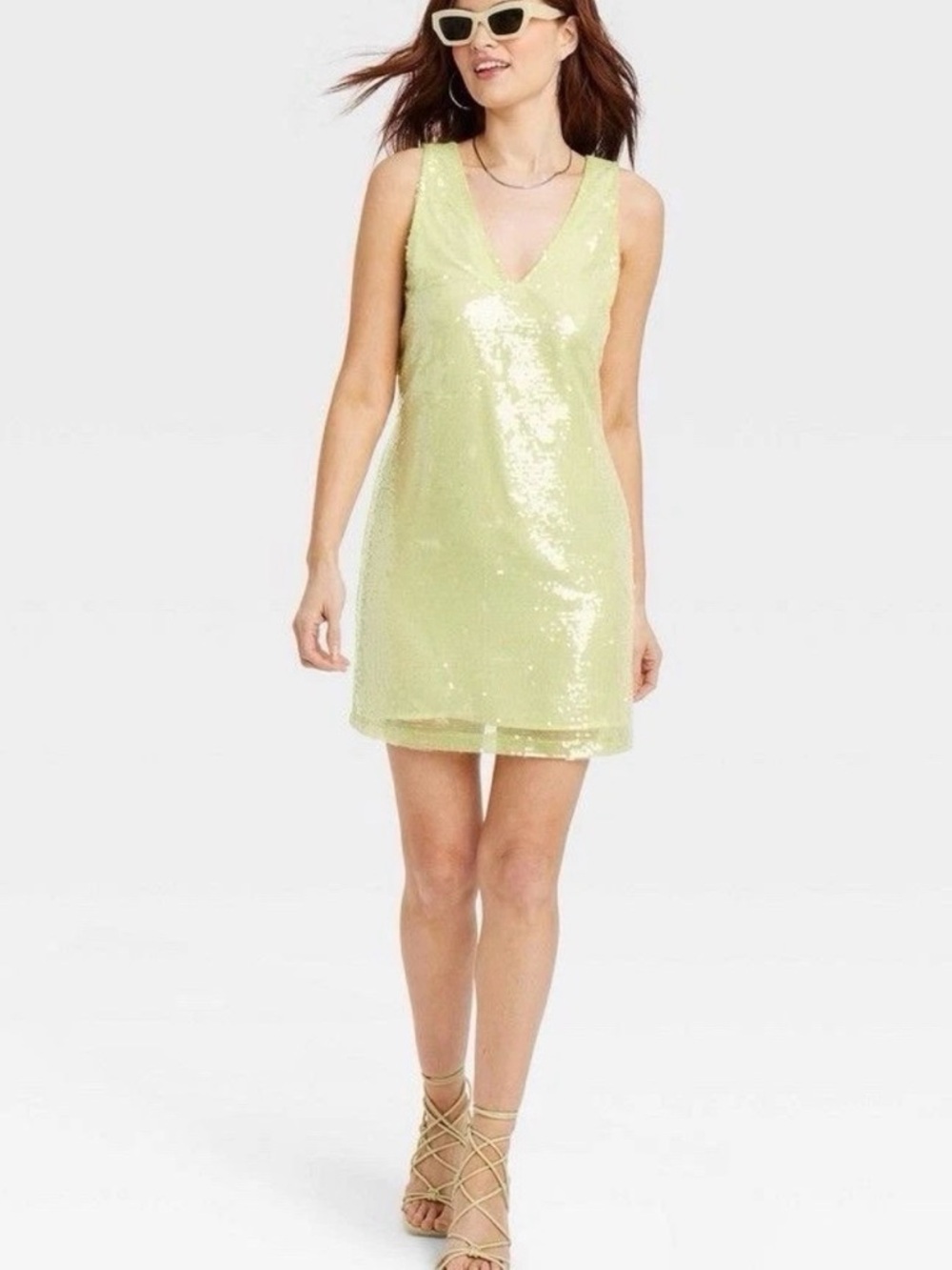 a new day Pale Lime Sequin V-Neck Mini Dress Party